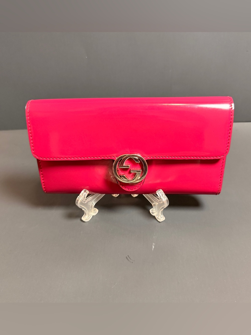 Gucci Hot Pink Patent Leather Continental Wallet Double G/COA with unbrand Chain